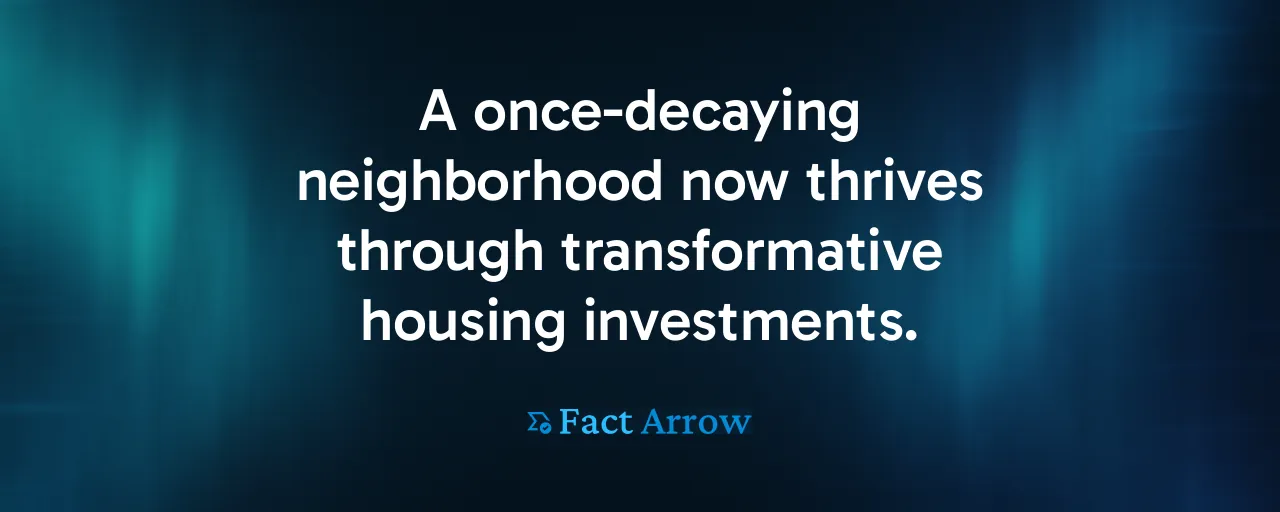 A once-decaying neighborhood now thrives through transformative housing investments.
