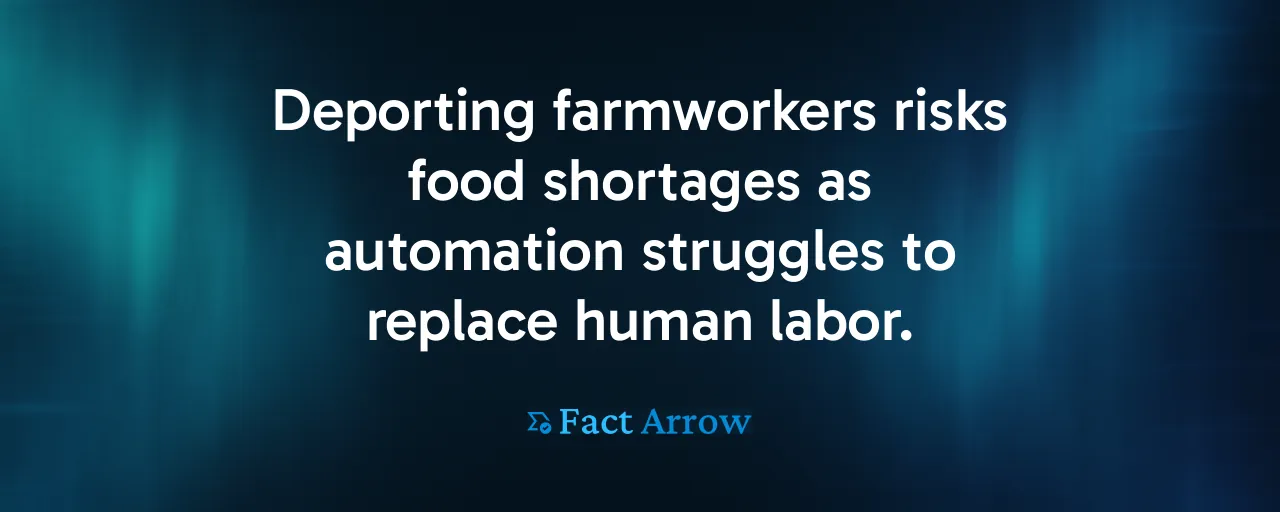 Deporting farmworkers risks food shortages as automation struggles to replace human labor.
